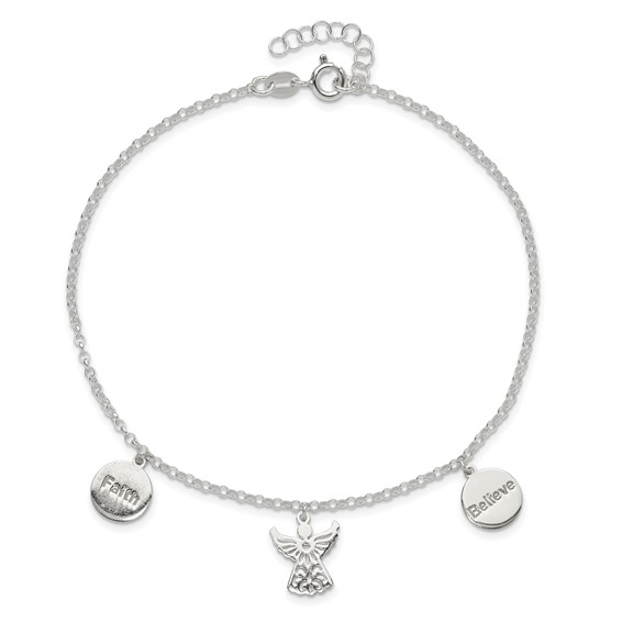 Sterling Silver Faith/Believe/Angel 9 inch Plus 1 inch Extender - Total 10 inch Anklet