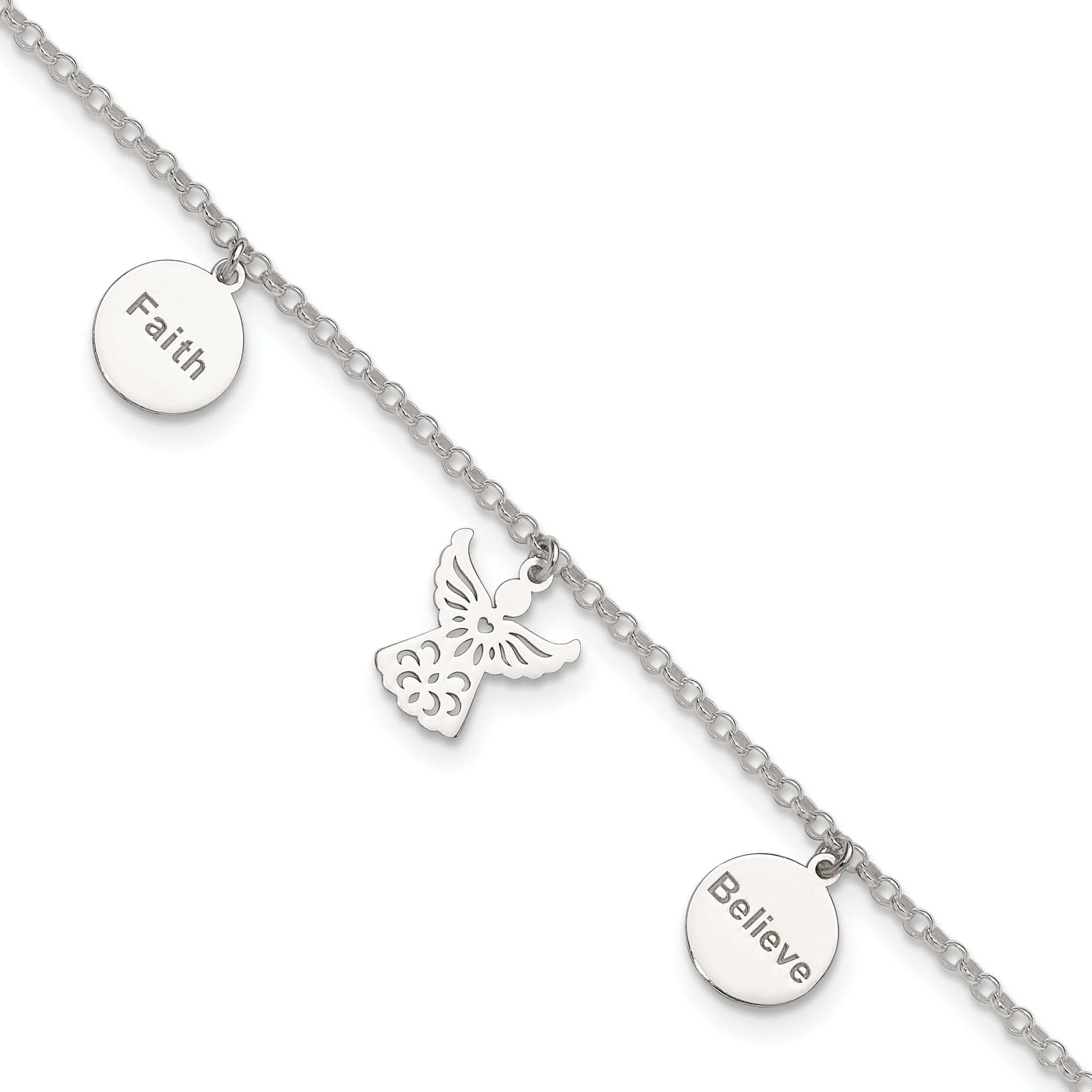 Sterling Silver Faith, Believe and Angel Dangles 9in Plus 1in Ext. Anklet (QG4736-9)