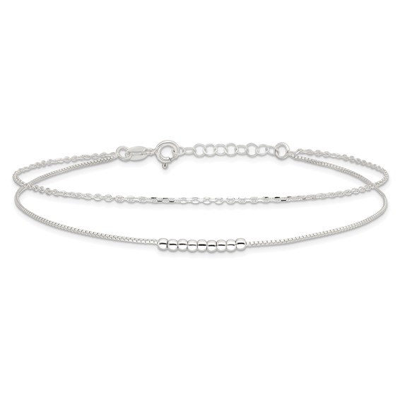 Sterling Silver Beaded 2-Strand 9 inch Plus 1 inch Extender - Total 10 inch Anklet