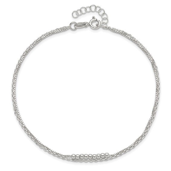 Sterling Silver Beaded 2-Strand 9 inch Plus 1 inch Extender - Total 10 inch Anklet