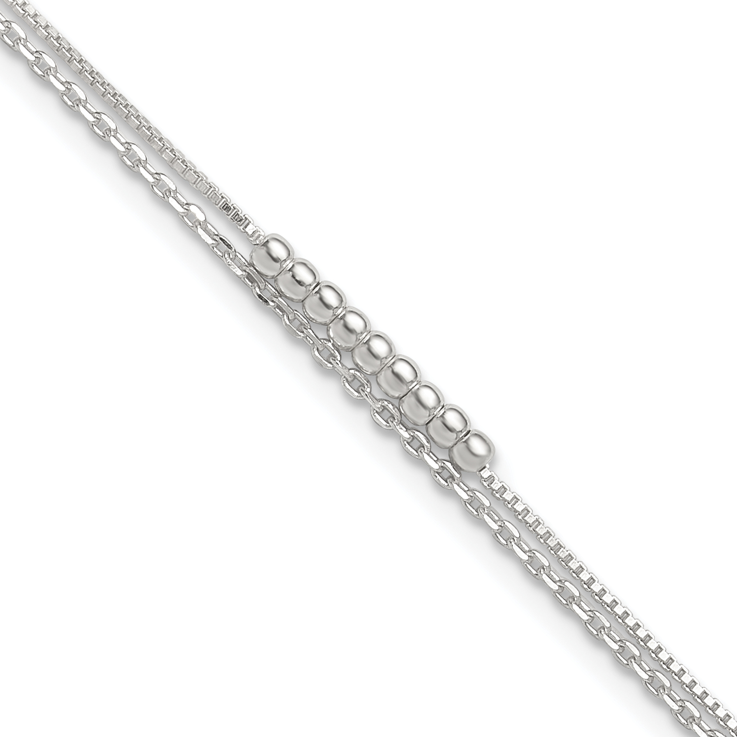 Sterling Silver 2-Strand Beaded 9in Plus 1in ext. Anklet (QG4737-9)