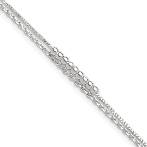 Sterling Silver Beaded 2-Strand Plus 1 Inch Extender - Total 10 Inch Anklet, 9"