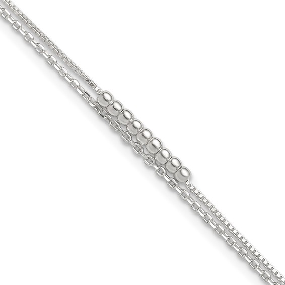 Sterling Silver Beaded 2-Strand 9 inch Plus 1 inch Extender - Total 10 inch Anklet