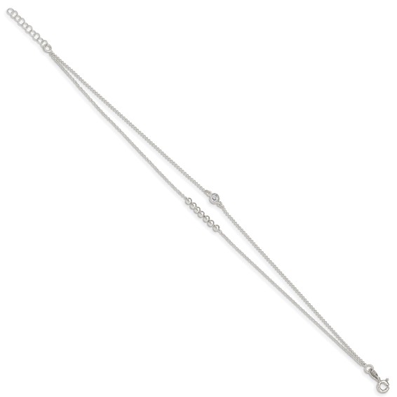 Sterling Silver 2-Strand Beaded CZ 9 inch Plus 1 inch Extender - Total 10 inch Anklet