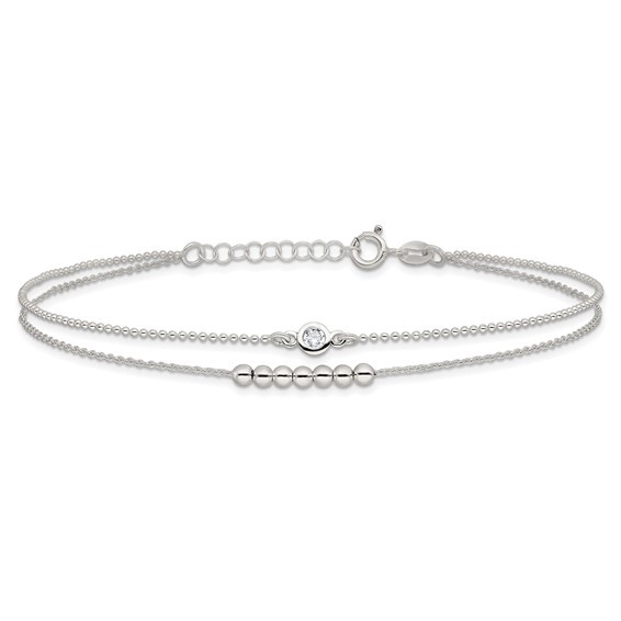 Sterling Silver 2-Strand Beaded CZ 9 inch Plus 1 inch Extender - Total 10 inch Anklet