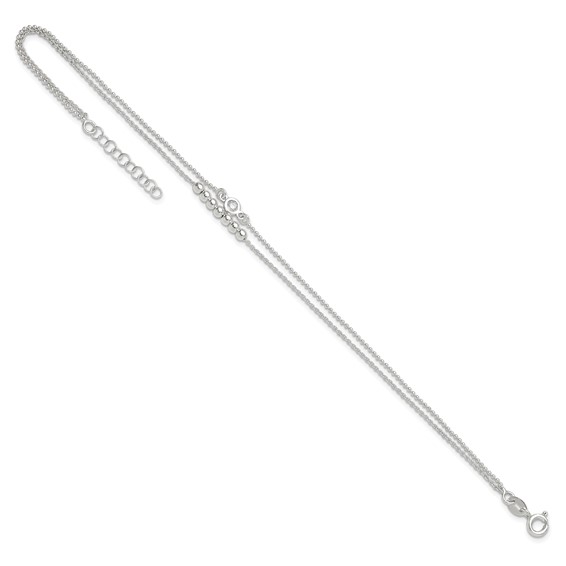 Sterling Silver 2-Strand Beaded CZ 9 inch Plus 1 inch Extender - Total 10 inch Anklet