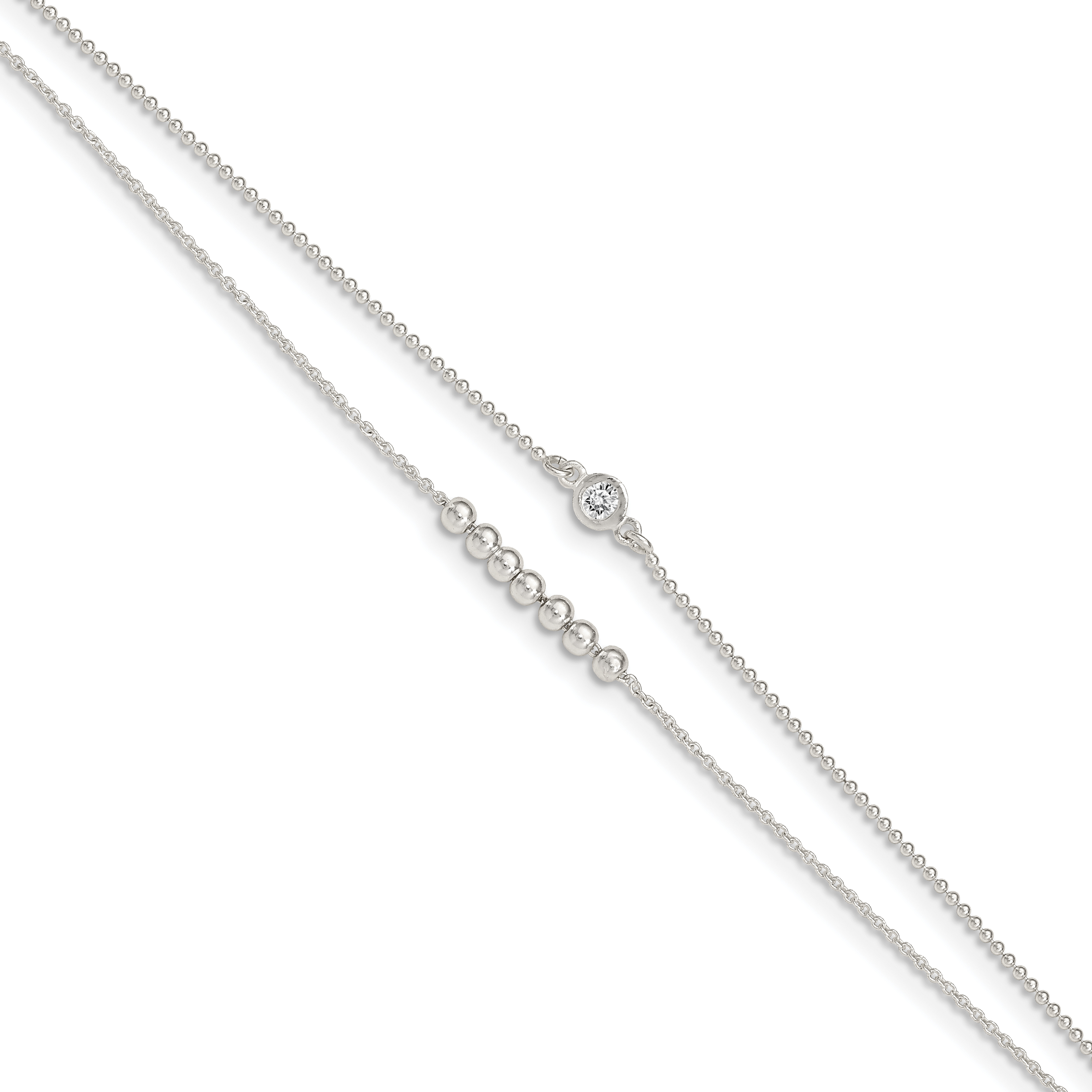 Sterling Silver 2-Strand Beaded CZ 9in Plus 1in Ext. Anklet (QG4739-9)