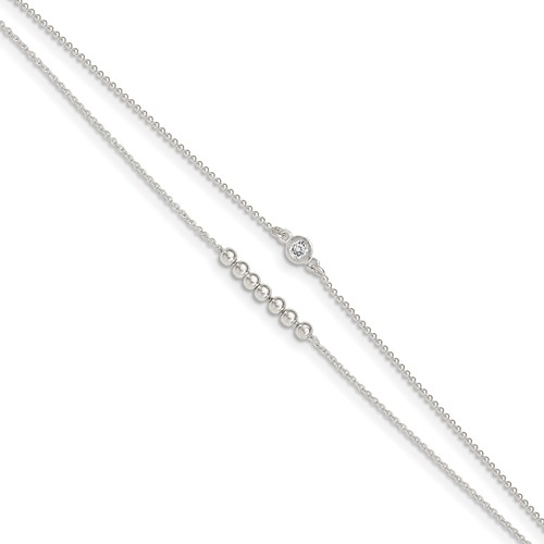 Sterling Silver 2-Strand Beaded CZ Plus 1 Inch Extender - Total 10 Inch Anklet, 9"
