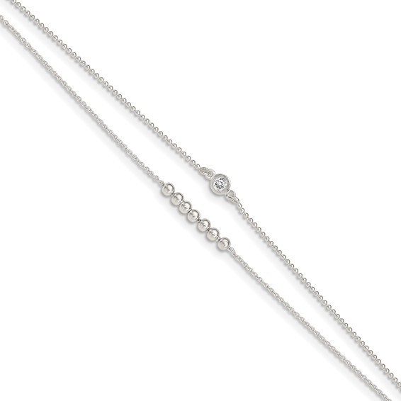 Sterling Silver 2-Strand Beaded CZ 9 inch Plus 1 inch Extender - Total 10 inch Anklet