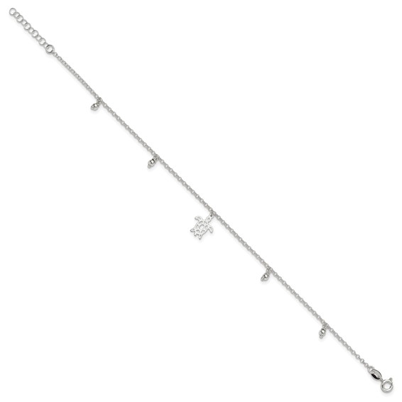 Sterling Silver Turtle and Beads 9 inch Plus 1 inch Extender - Total 10 inch Anklet