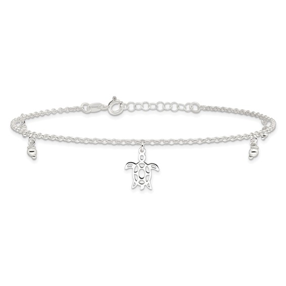 Sterling Silver Turtle and Beads 9 inch Plus 1 inch Extender - Total 10 inch Anklet
