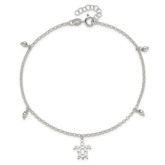Sterling Silver Turtle and Beads 9 inch Plus 1 inch Extender - Total 10 inch Anklet