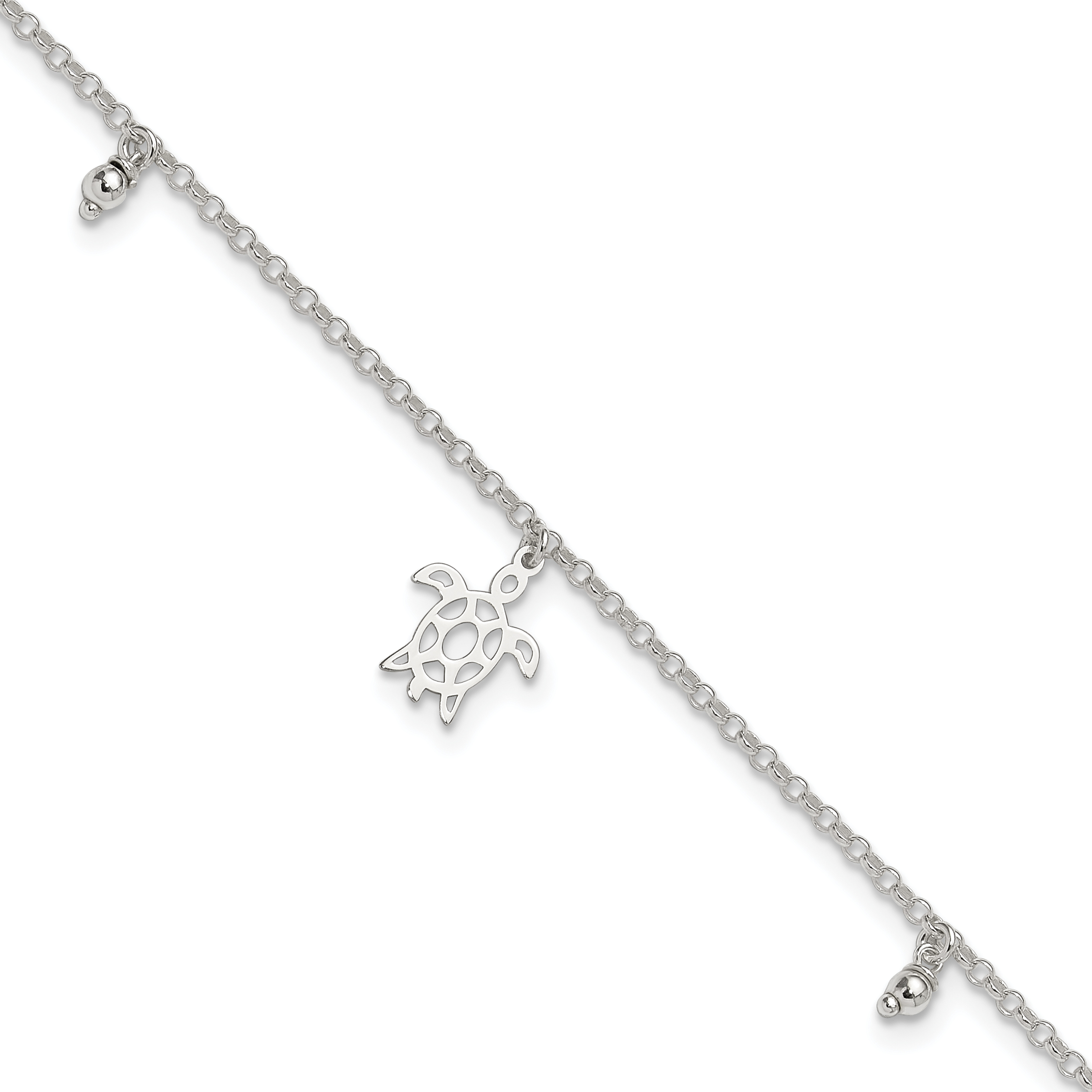 Sterling Silver Turtle Dangle Beads 9in Plus 1in Ext. Anklet (QG4741-9)