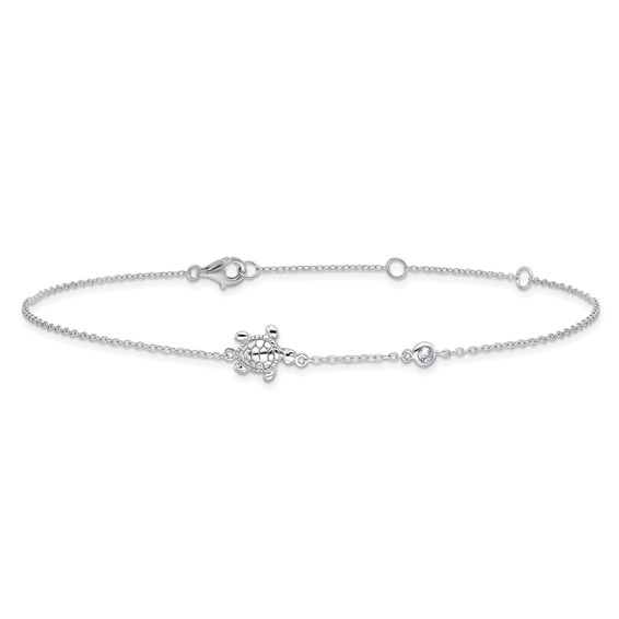 Sterling Silver Rhodium-plated CZ Turtle 9 inch Plus 2 inch Extender - Total 11 inch Anklet