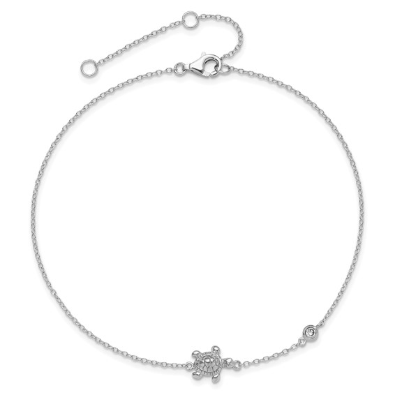 Sterling Silver Rhodium-plated CZ Turtle 9 inch Plus 2 inch Extender - Total 11 inch Anklet