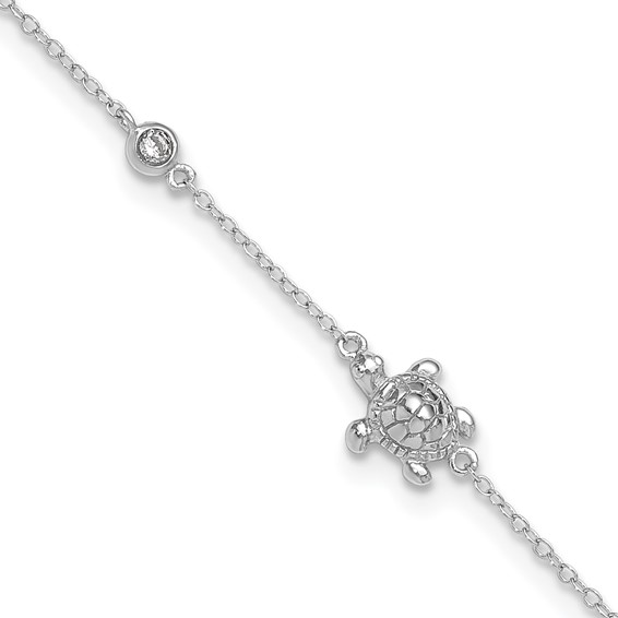 Sterling Silver Rhodium-plated CZ Turtle 9 inch Plus 2 inch Extender - Total 11 inch Anklet
