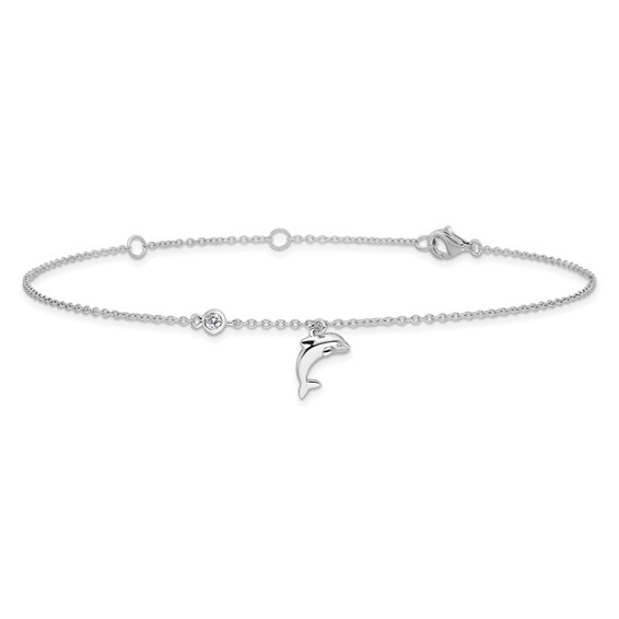 Sterling Silver Rhodium-plated CZ Dolphin 9 inch Plus 2 inch Extender - Total 11 inch Anklet