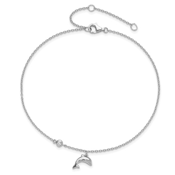 Sterling Silver Rhodium-plated CZ Dolphin 9 inch Plus 2 inch Extender - Total 11 inch Anklet