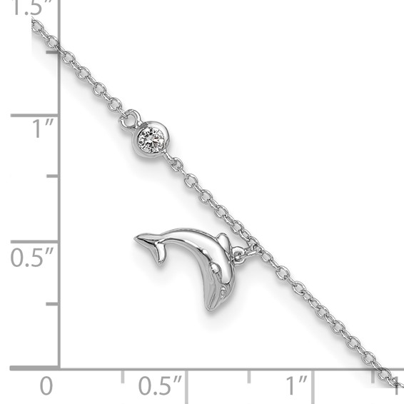 Sterling Silver Rhodium-plated CZ Dolphin 9 inch Plus 2 inch Extender - Total 11 inch Anklet