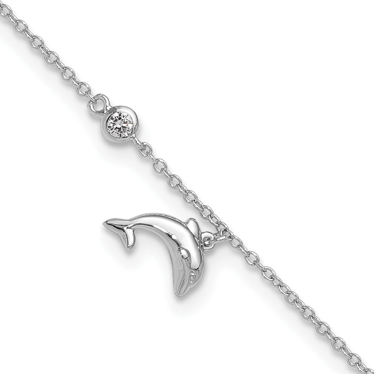 Sterling Silver Rhodium-plated Polished CZ Dolphin 9 inch with a 2 inch Extention Anklet (QG4743-9)