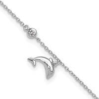 Sterling Silver Rhodium-plated CZ Dolphin Plus 2 Inch Extender - Total 11 Inch Anklet, 9" view 1