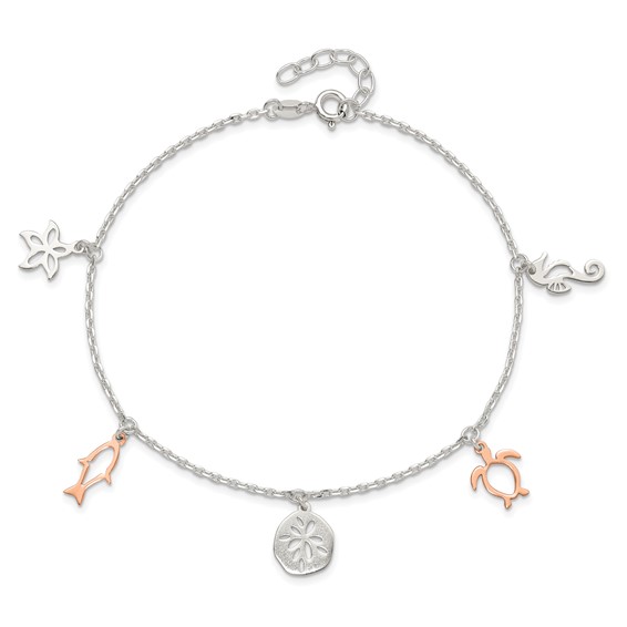 Sterling Silver Rose-tone Seashore Charms 9 inch Plus 1 inch Extender - Total 10 inch Anklet