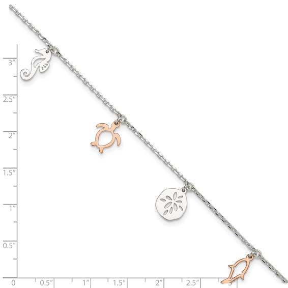 Sterling Silver Rose-tone Seashore Charms 9 inch Plus 1 inch Extender - Total 10 inch Anklet