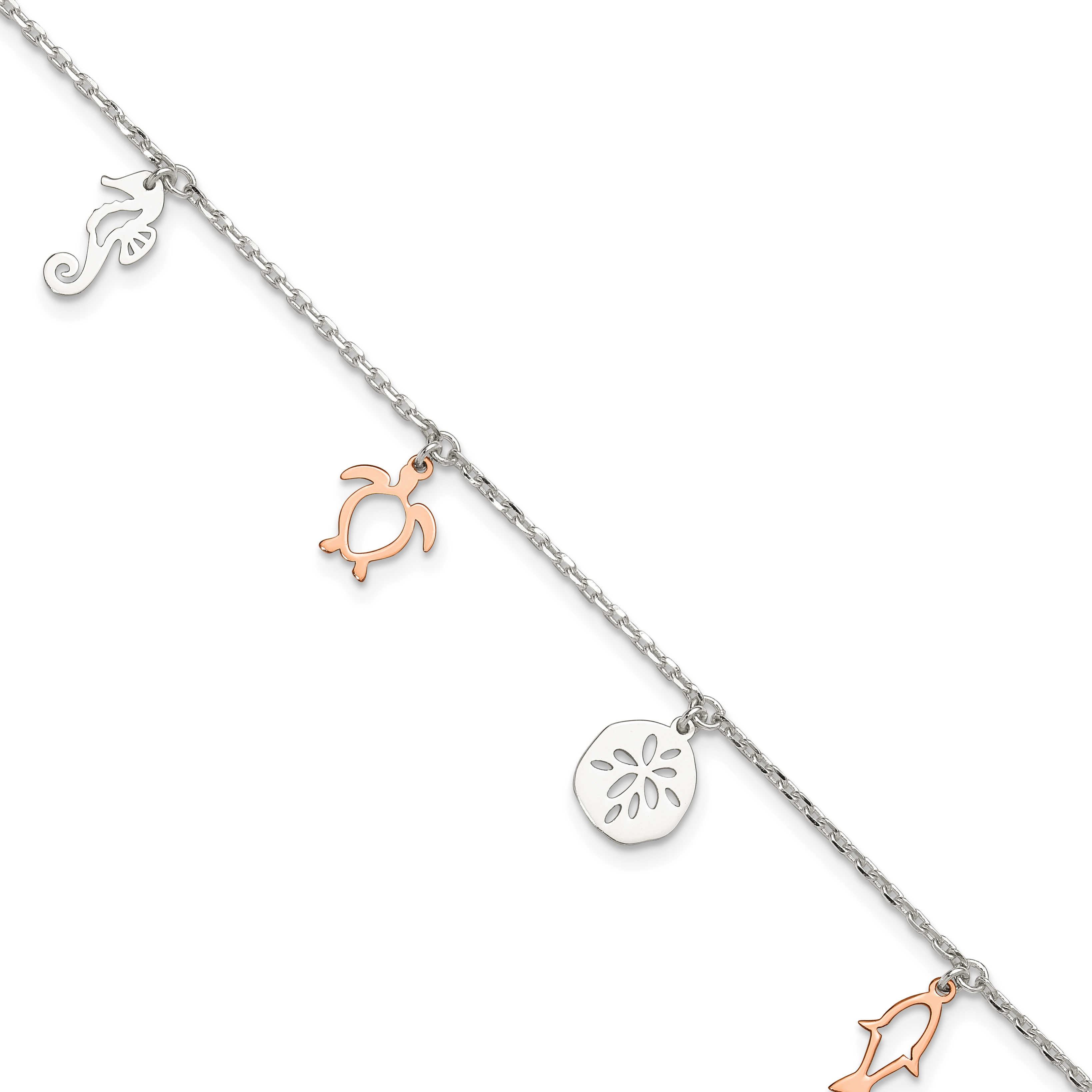 Sterling Silver Rose-tone Seashore Dangles 9in Plus 1in Ext. Anklet (QG4745-9)