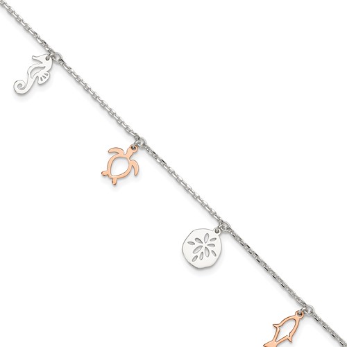 Sterling Silver Rose-tone Seashore Charms Plus 1 Inch Extender - Total 10 Inch Anklet, 9"