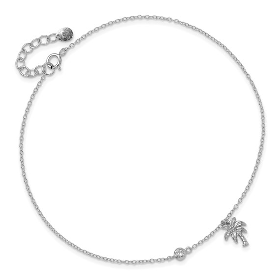 Sterling Silver Rhodium-plated CZ / Palm Tree 9 inch Plus 1 inch Extender  - Total 10 inch Anklet