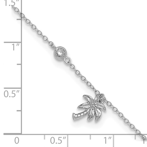 Sterling Silver Rhodium-plated CZ / Palm Tree 9 inch Plus 1 inch Extender  - Total 10 inch Anklet
