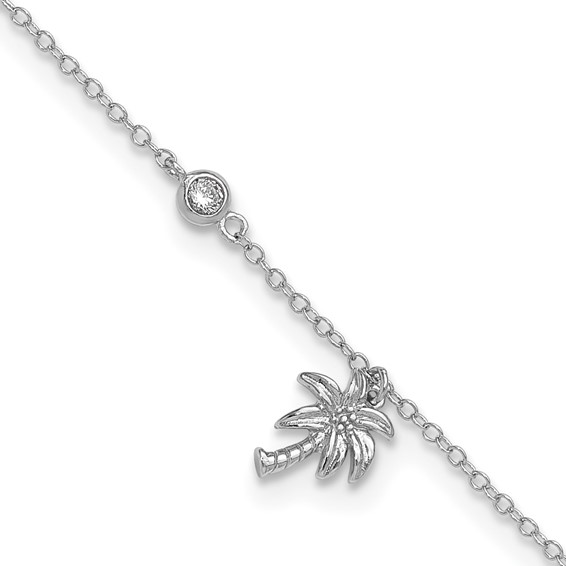 Sterling Silver Rhodium-plated CZ / Palm Tree 9 inch Plus 1 inch Extender  - Total 10 inch Anklet