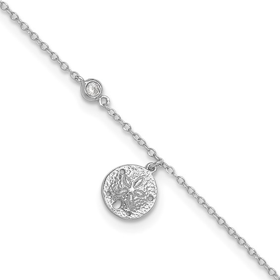 Sterling Silver Rhodium-plated CZ/ Sand Dollar 9 inch Plus 1 inch Extender - Total 10 inch Anklet