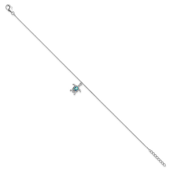 Sterling Silver Rhodium-plated Created Opal Turtle 9 inch Plus 1 inch Extender - Total 10 inch Anklet