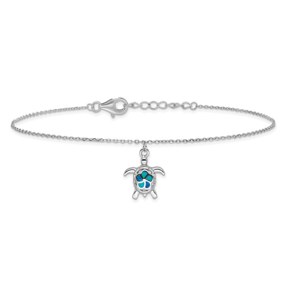 Sterling Silver Rhodium-plated Created Opal Turtle 9 inch Plus 1 inch Extender - Total 10 inch Anklet