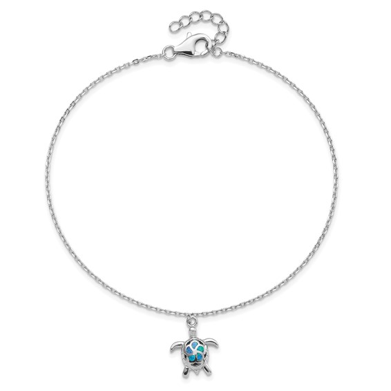 Sterling Silver Rhodium-plated Created Opal Turtle 9 inch Plus 1 inch Extender - Total 10 inch Anklet