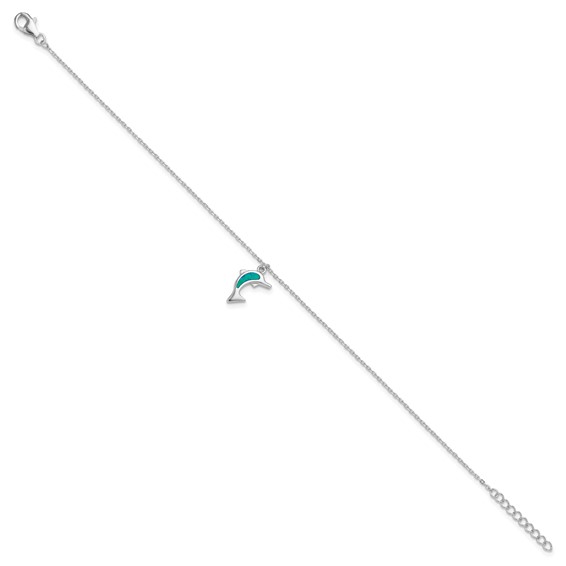 Sterling Silver Rhodium-plated Created Opal Dolphin 9 inch Plus 1 inch Extender - Total 10 inch Anklet