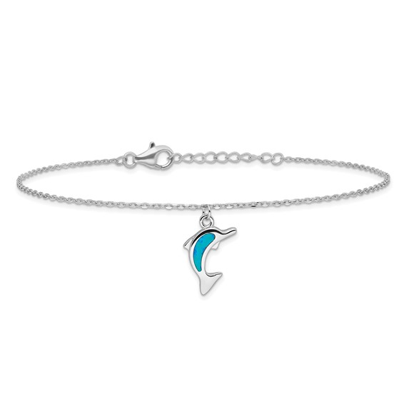 Sterling Silver Rhodium-plated Created Opal Dolphin 9 inch Plus 1 inch Extender - Total 10 inch Anklet