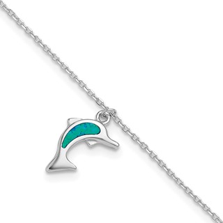 Sterling Silver Rhodium-plated Created Opal Dolphin 9 inch Plus 1 inch Extender - Total 10 inch Anklet