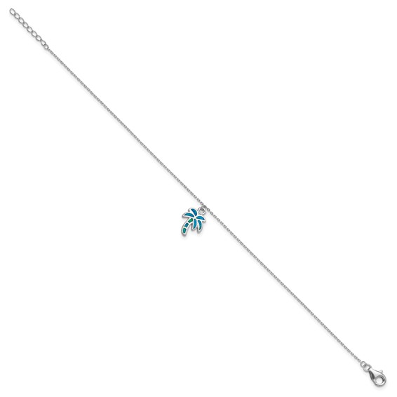 Sterling Silver Rhodium-plated Created Opal Palm Tree 9 inch Plus 1 inch Extender - Total 10 inch Anklet
