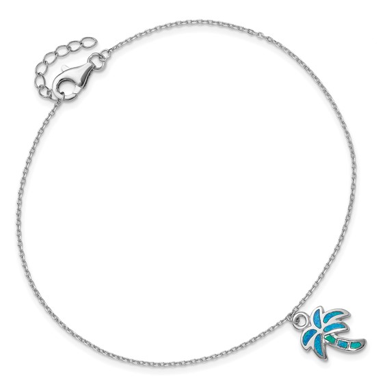 Sterling Silver Rhodium-plated Created Opal Palm Tree 9 inch Plus 1 inch Extender - Total 10 inch Anklet