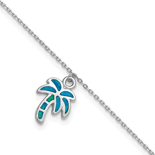 Sterling Silver Rhodium-plated Created Opal Palm Tree Plus 1 Inch Extender - Total 10 Inch Anklet, 9"