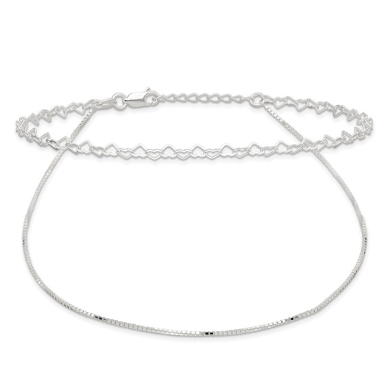 Sterling Silver 2-Strand Heart Link 9 inch Plus 1 inch Extender - Total 10 inch Anklet