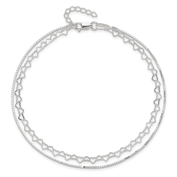 Sterling Silver 2-Strand Heart Link 9 inch Plus 1 inch Extender - Total 10 inch Anklet