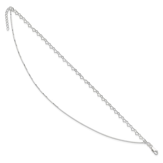 Sterling Silver 2-Strand Heart Link 9 inch Plus 1 inch Extender - Total 10 inch Anklet