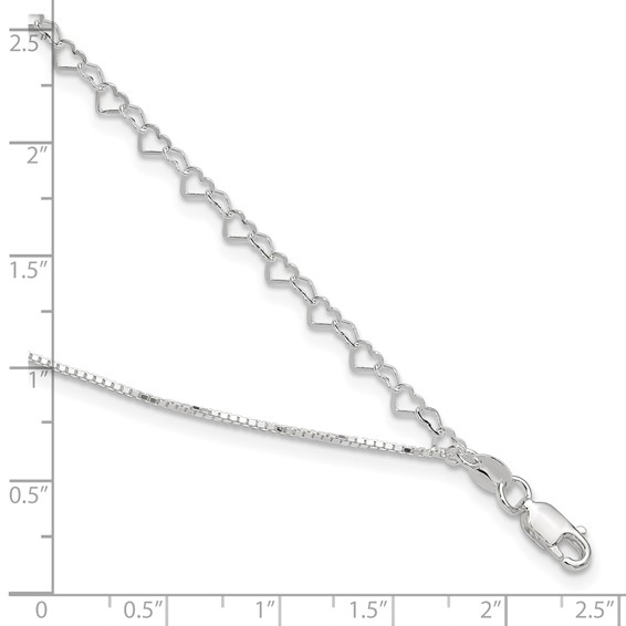 Sterling Silver 2-Strand Heart Link 9 inch Plus 1 inch Extender - Total 10 inch Anklet
