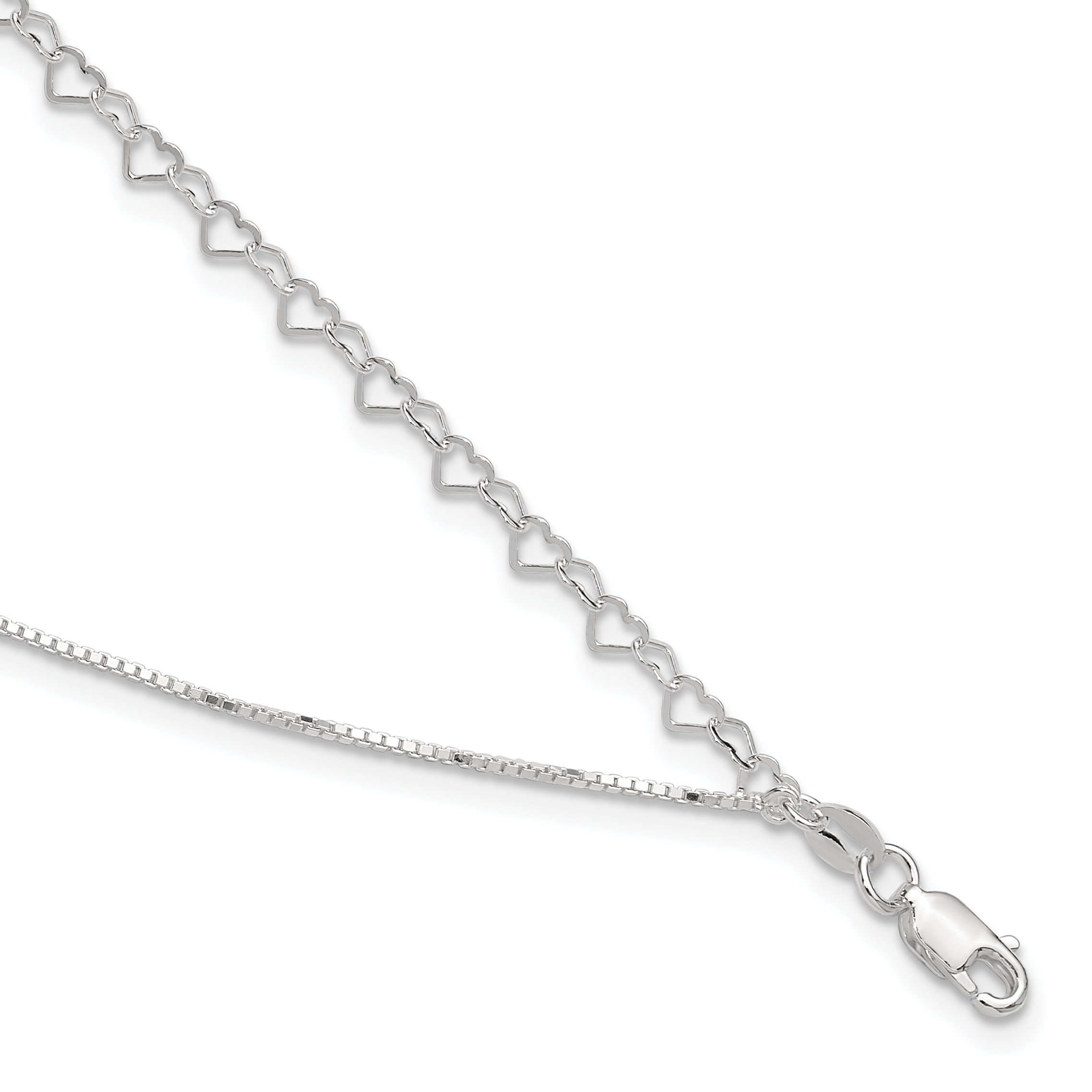 Sterling Silver Polished Double Strand Hearts 9in Plus 1in ext Anklet (QG4756-9)