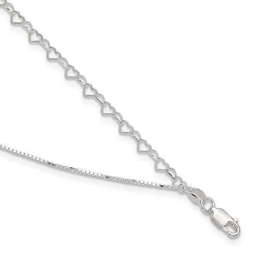 Sterling Silver 2-Strand Heart Link Plus 1 Inch Extender - Total 10 Inch Anklet, 9"