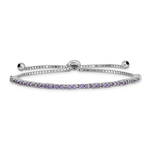 Sterling Silver Rhodium-plated February Purple CZ Adjustable Bolo Bracelet