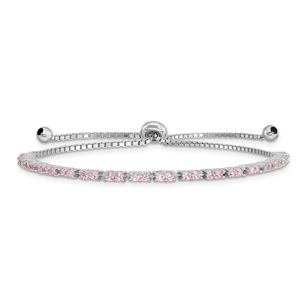Sterling Silver Rhodium Plated October Pink CZ  Adjustable Bracelet (QG4757OCT)